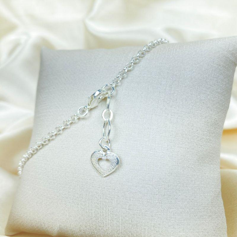 Tornozeleira Elo Português com Pingente de Coração no Extensor Folheada a Prata