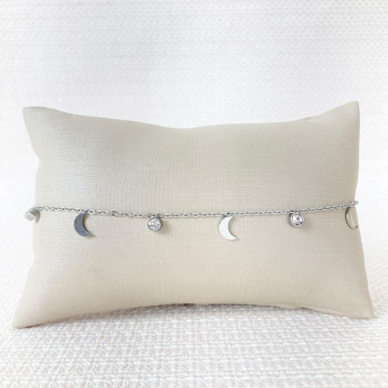 Tornozeleira Pingente Lua e Ponto de Luz e Cristal em Aço Inox Prateado