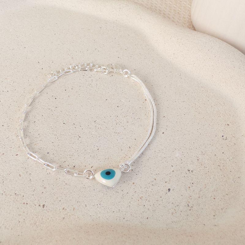 Pulseira Cartier e Rabo de Rato Com Coração Olho Grego Folheada a Prata